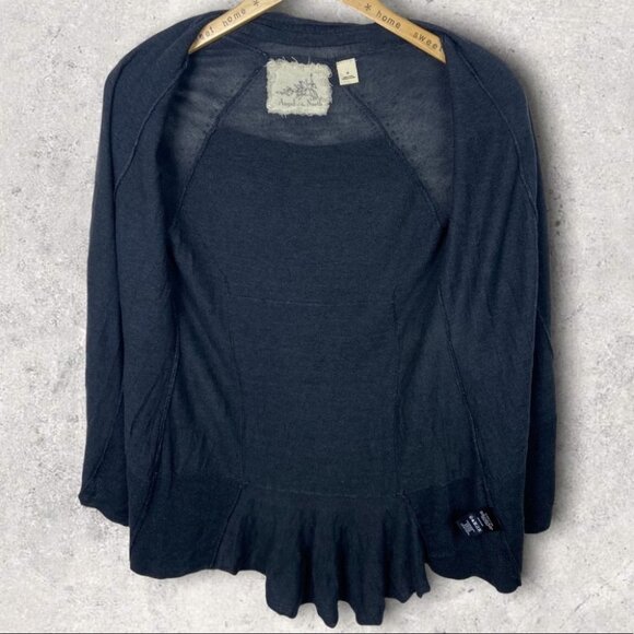 Anthropologie Linen Ruffle Back Tiered Open Cardigan Navy Blue Size XS Boho Knit - Picture 5 of 11